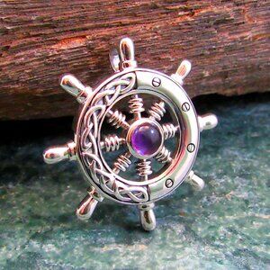 Solid 925 Sterling Silver Celtic Ship Wheel Helm Nautical Pendant w/ Gemstone